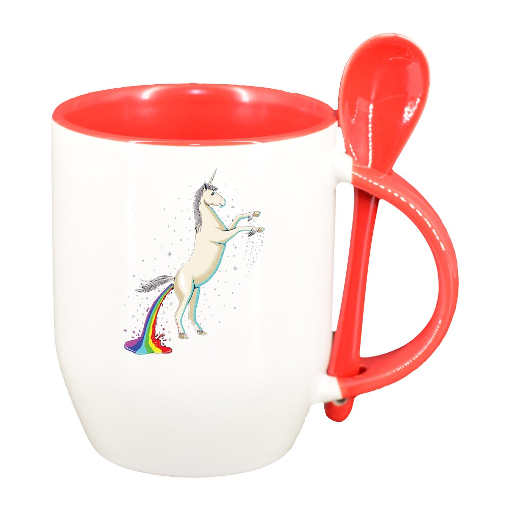 Cana Unicorn - Rainbow cu lingurita, interior rosu, 330ml, D1434