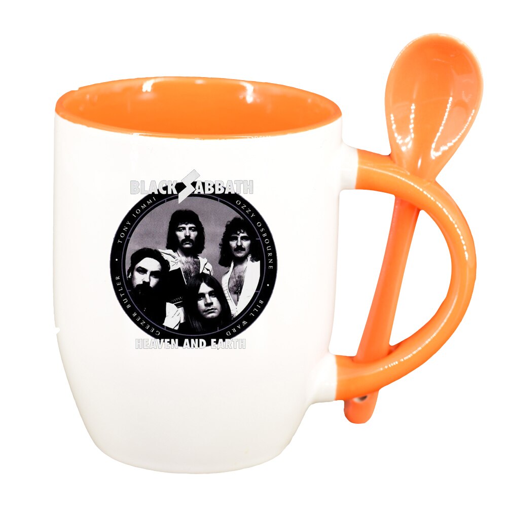 Cana black sabbath cu lingurita, interior portocaliu, 330ml, D1443