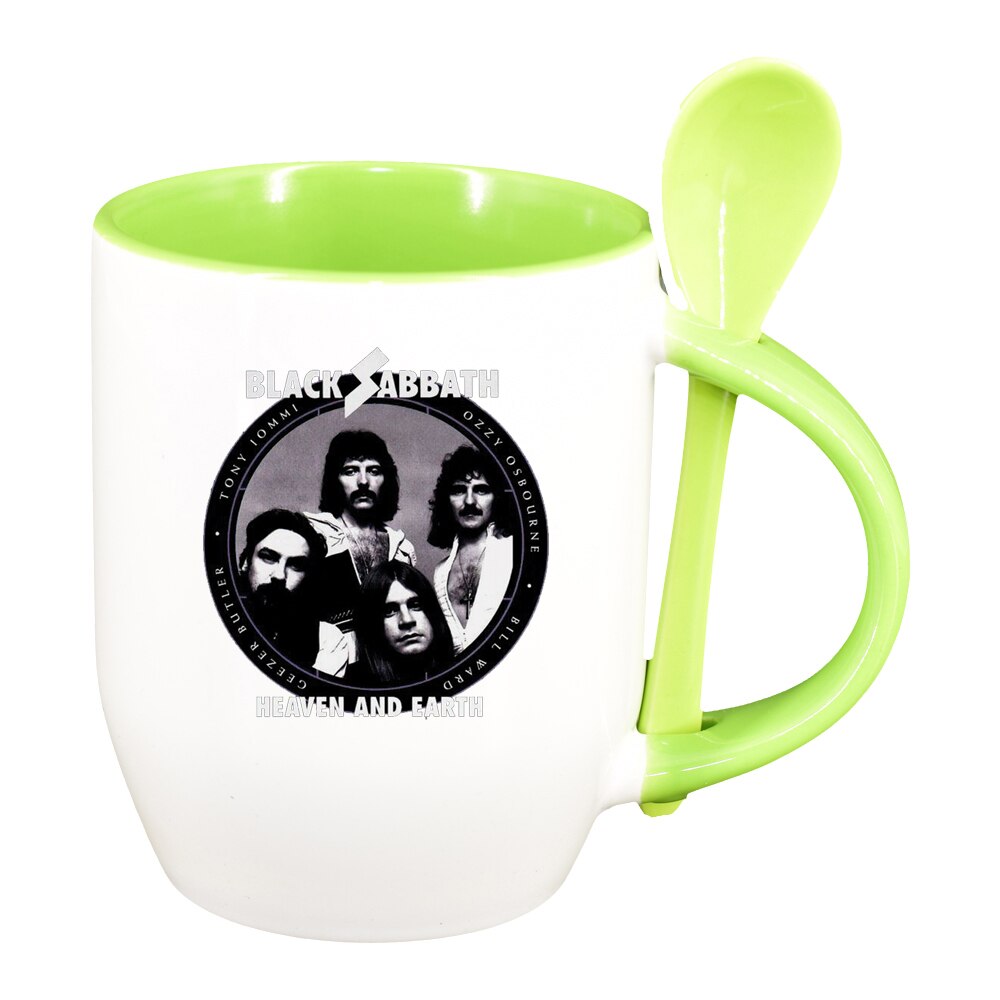Cana black sabbath cu lingurita, interior verde deschis, 330ml, D1443