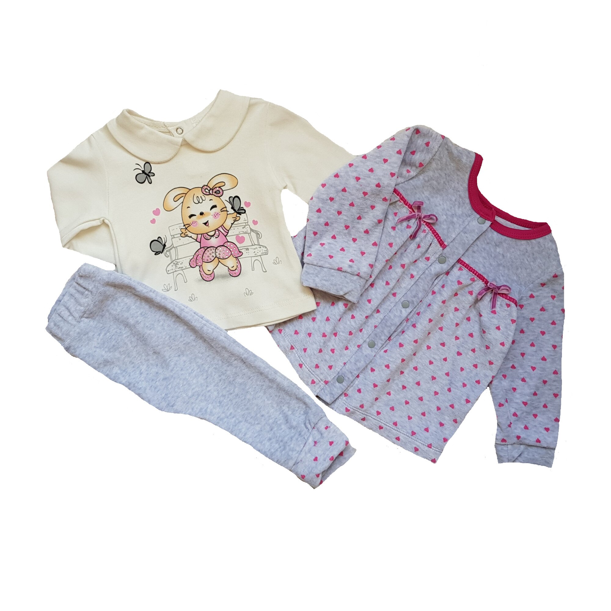 Compleu 3 piese de catifea, Hippil, model inimioare, Gri/Rosu