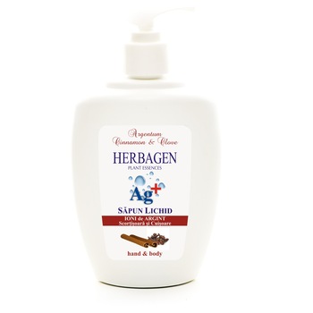 Sapun Lichid cu Ioni de Argint si Uleiuri Esentiale de Scortisoara, Cuisoare pentru maini si corp 350 ml Herbagen Sapun Lichid cu Ioni de Argint si Uleiuri Esentiale de Scortisoara, Cuisoare pentru maini si corp 350 ml Herbagen