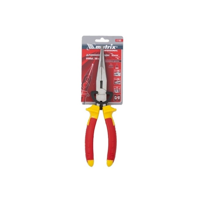 Клещи с удължени полукръгли прави челюсти Insulated, MTX PROFESSIONAL, 200 mm, двукомп. дръжки