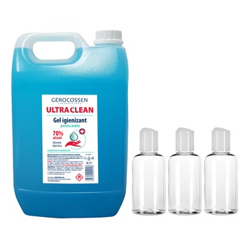 Pachet 5 litri Gel igienizant pentru maini 70% alcool Gerocossen Ultra Clean + 3 recipiente pentru gel, din plastic, 80 ml transparente Pachet 5 litri Gel igienizant pentru maini 70% alcool Gerocossen Ultra Clean + 3 recipiente pentru gel, din plastic, 80 ml transparente