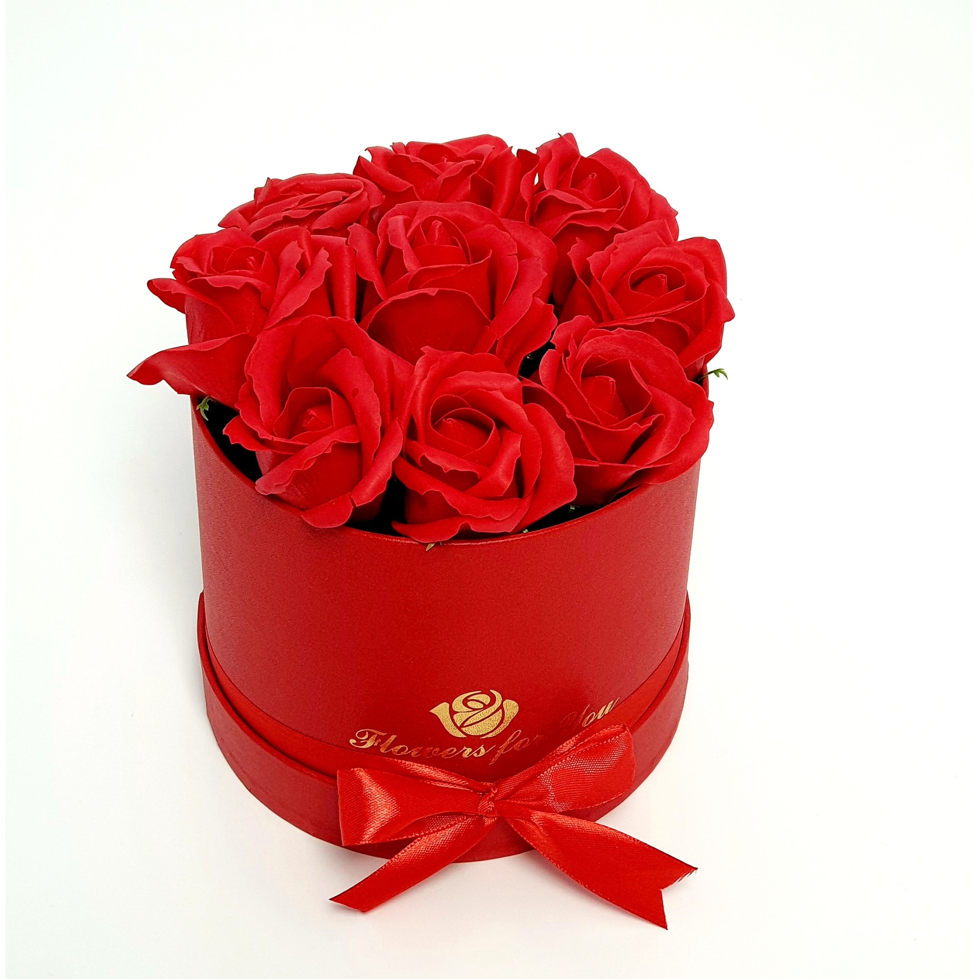 Aranjament floral 9 Trandafiri rosii parfumati, din spuma de sapun, in cutie rosie