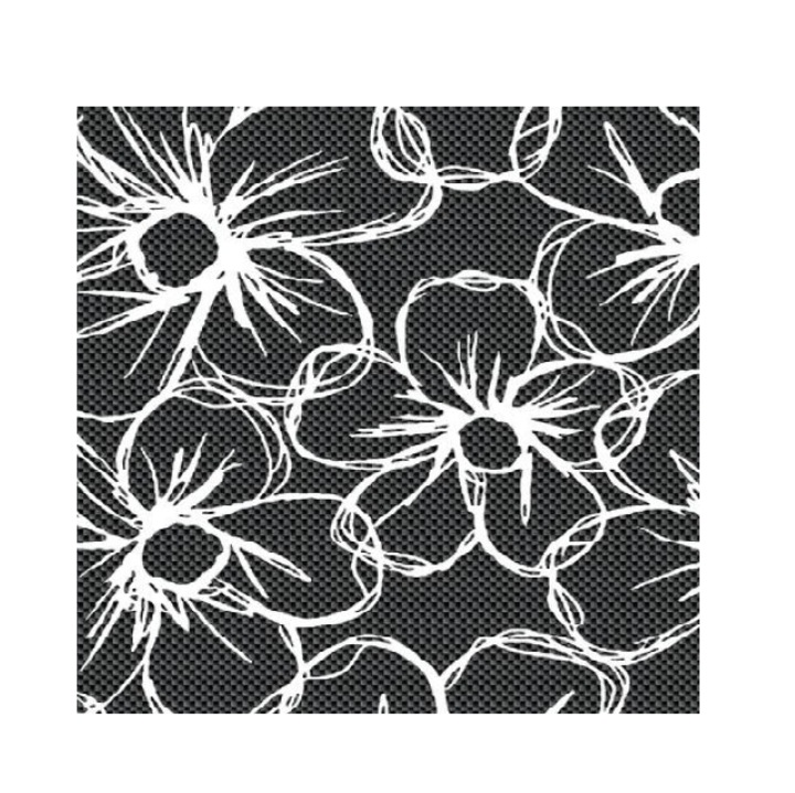 Fata de Masa Gemitex Carbonio Bianco, Tip Musama, Din PVC, Dimensiuni 120 x 160 cm, Rezistenta la Pete si Umiditate, Potrivita Pentru Bucatarie sau Terasa, Culoarea Negru cu Flori Albe