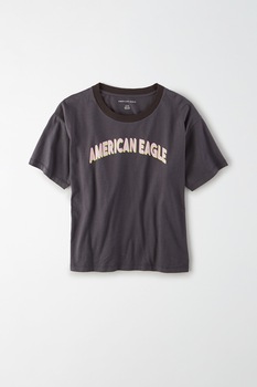 American Eagle, Tricou cu decolteu la baza gatului si imprimeu logo, Negru stins American Eagle, Tricou cu decolteu la baza gatului si imprimeu logo, Negru stins