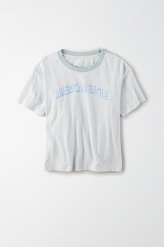 American Eagle, Tricou cu decolteu la baza gatului si imprimeu logo, Albastru deschis American Eagle, Tricou cu decolteu la baza gatului si imprimeu logo, Albastru deschis