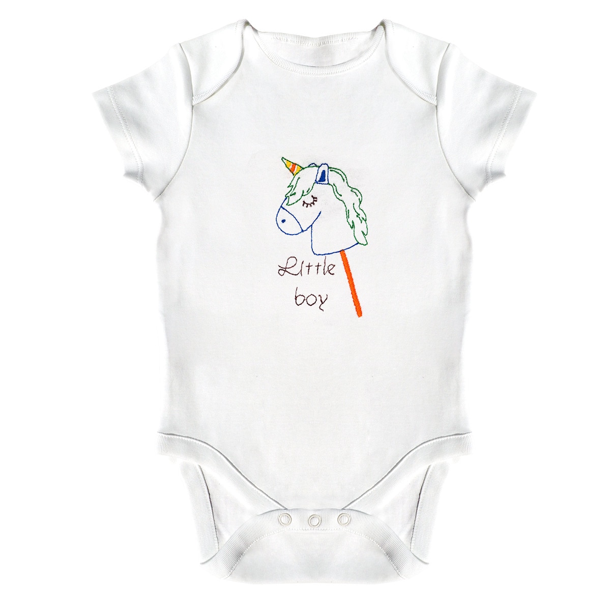 Body bebe, LWS, bumbac organic, brodat, model baietel ponei, Alb