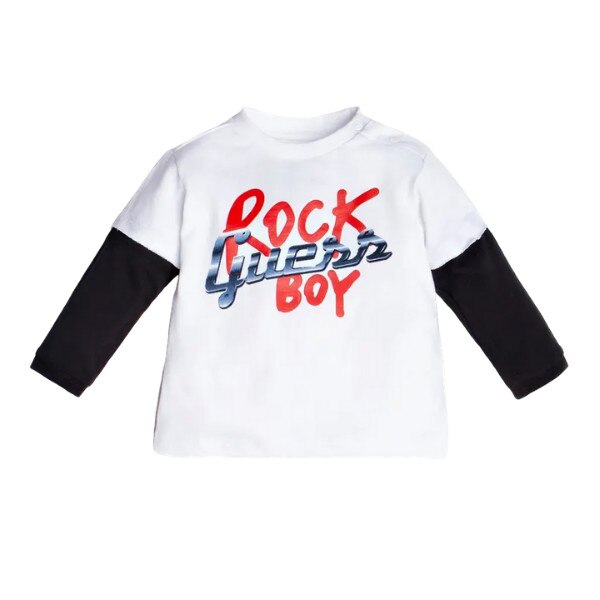 Bluza baieti Guess, 6/9 luni, alb cu maneci negre si desen