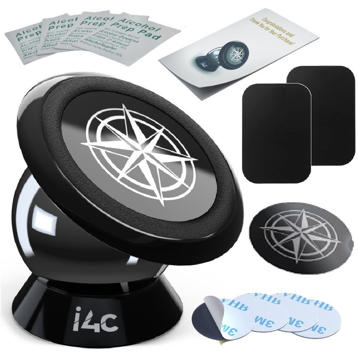 IDEAS4COMFORT Universal mágneses autótartó telefonhoz, 360 fokban forgatható, bármilyen irányban állítható, bármilyen telefonmodellel kompatibilis, Ezüst / fekete