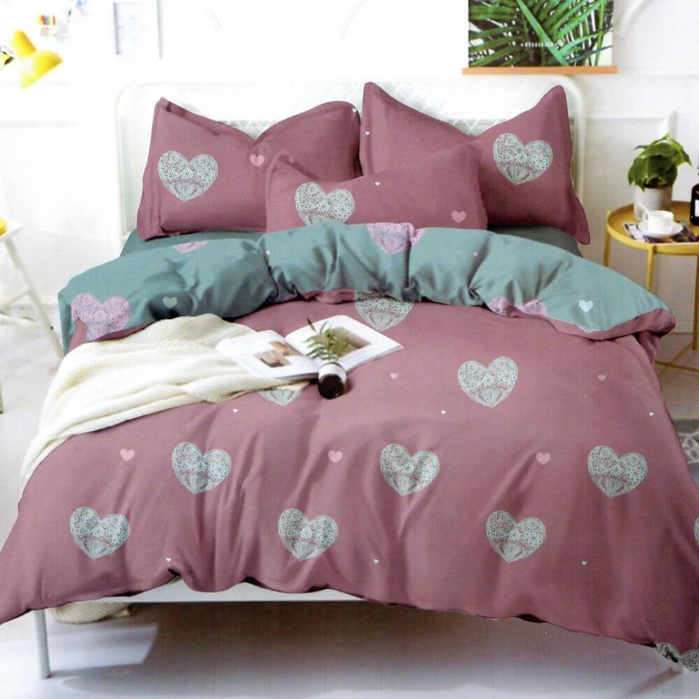 Set Pilota Microfibra Color + 2 Fete de Perna, 3 Piese, Pat 2 Persoane, Inimi Turcoaz