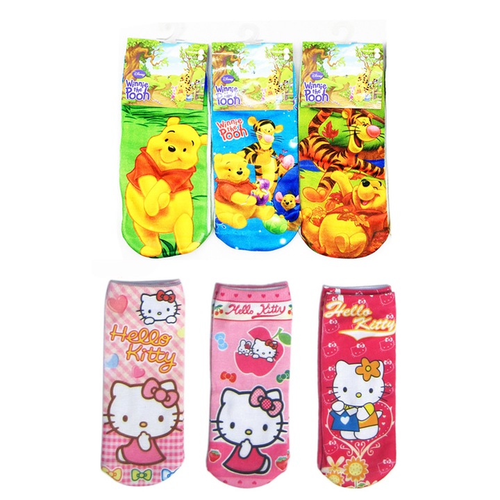 Disney lányzoknikészlet 903031-094-6PK, 6 részes, Hello Kitty és Micimackó, nyomtatott, rövid, 25-31-es méret