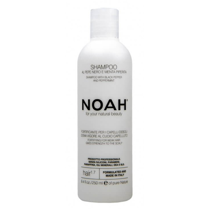 Sampon natural fortifiant Noah, 1.7 cu piper negru si menta pentru par slabit si deteriorat, 250 ml