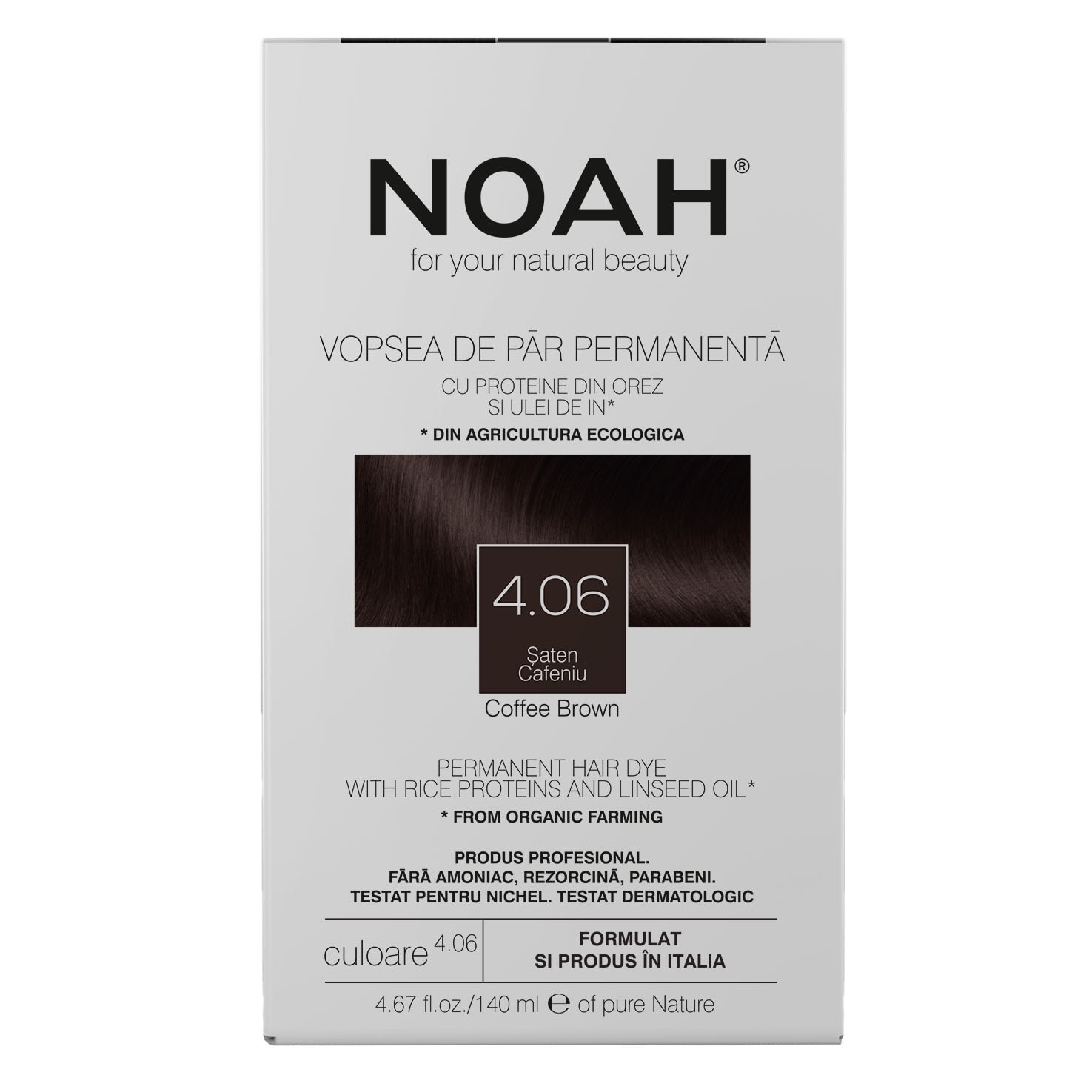 Vopsea de par naturala, Saten cafeniu, 4.06, Noah, 140 ml - eMAG.ro