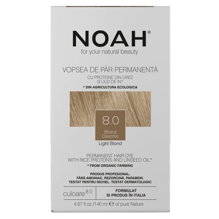 Vopsea de par permanenta fara amoniac Noah 8.0 Blond deschis, 140 ml