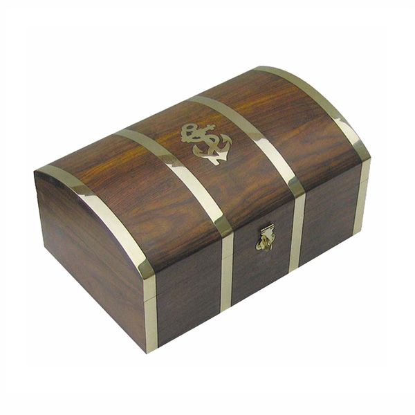 Caseta Sea Club din lemn, insertii de alama, ancora gravata,22x14x10.5cm