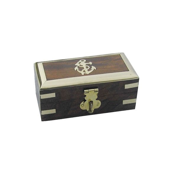 Caseta Sea Club din lemn, ancora si insertii din alama, 10x5x4.5cm