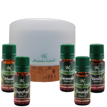 Pachet Aroma Difuzor Oslo + 5 uleiuri volatile, Aroma Land, 10 ml Pachet Aroma Difuzor Oslo + 5 uleiuri volatile, Aroma Land, 10 ml