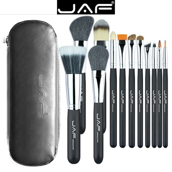 Set 12 pensule machiaj JAF®, maner din lemn, par natural, ochi, obraji, buze, cu suport cu fermoar, negru Set 12 pensule machiaj JAF®, maner din lemn, par natural, ochi, obraji, buze, cu suport cu fermoar, negru