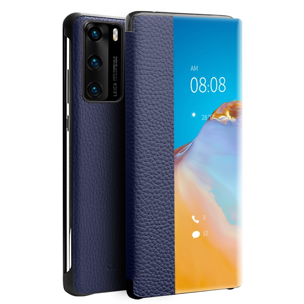 Husa Huawei P40, Qialino Smart, slim din piele naturala, smart cover, culoare Albastru
