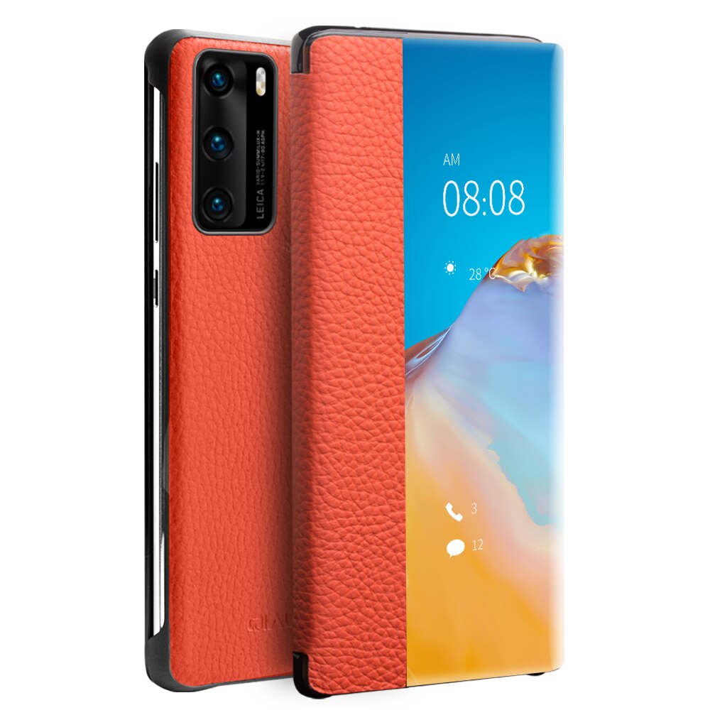 Husa Huawei P40, Qialino Smart, slim din piele naturala, smart cover, culoare Orange