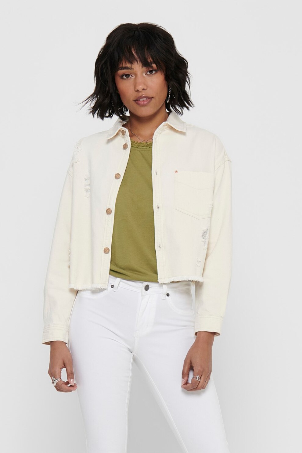 Only, Jacheta din denim cu detalii cu aspect deteriorat, Crem, 40