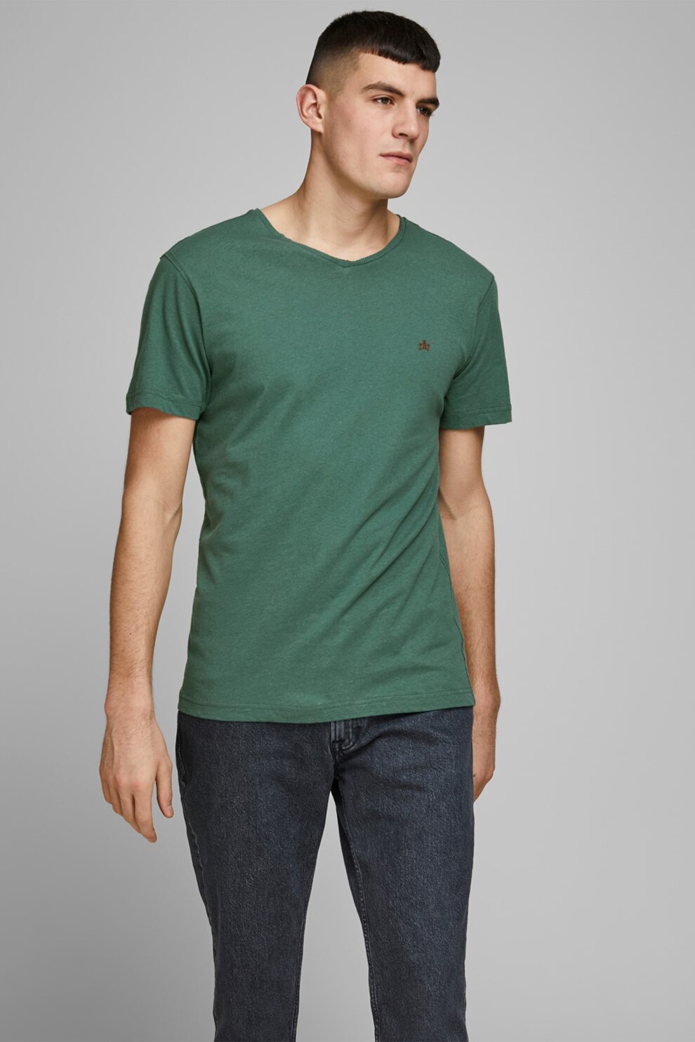 Jack&Jones, Tricou regular fit, cu decolteu in V, Verde feriga, S