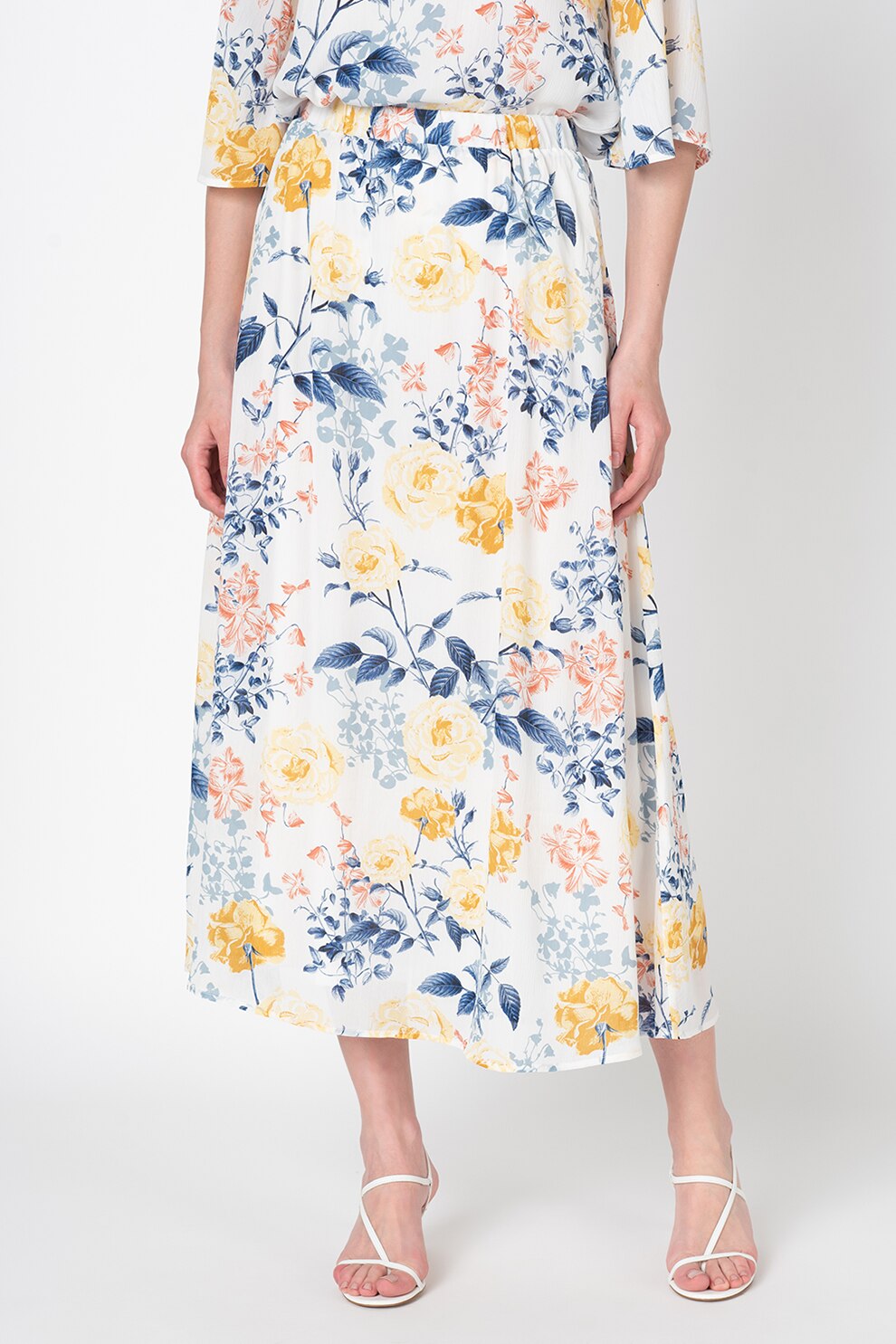 Only, Fusta midi cu imprimeu floral Lexy, Alb/Albastru/Galben, 34