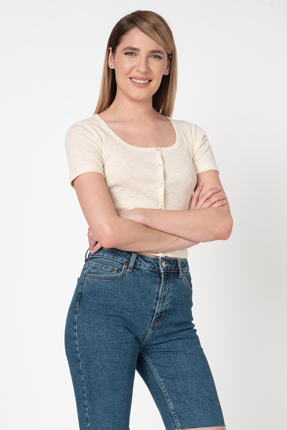 Only, Tricou cambrat din jerseu, cu nasturi Gigi, Crem