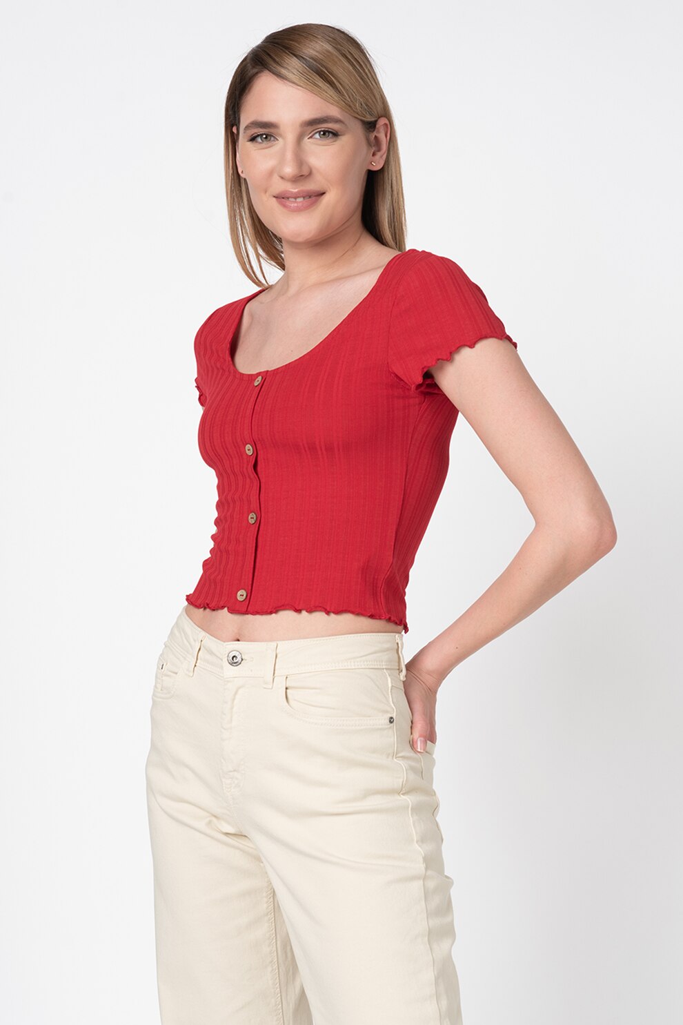 Only, Tricou striat cu nasturi Dabi, Rosu, L
