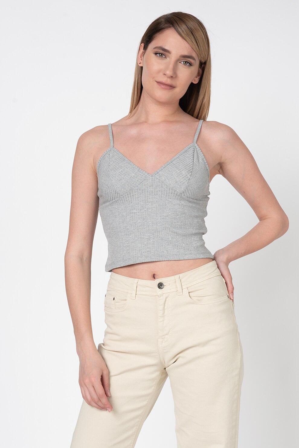 Only, Top cu decolteu in V si aspect striat Hollie, Gri melange, XL