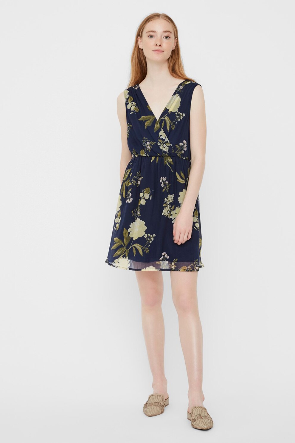 Vero Moda, Rochie cu decolteu cache-coeur si imprimeu floral, Bleumarin/Verde/Alb