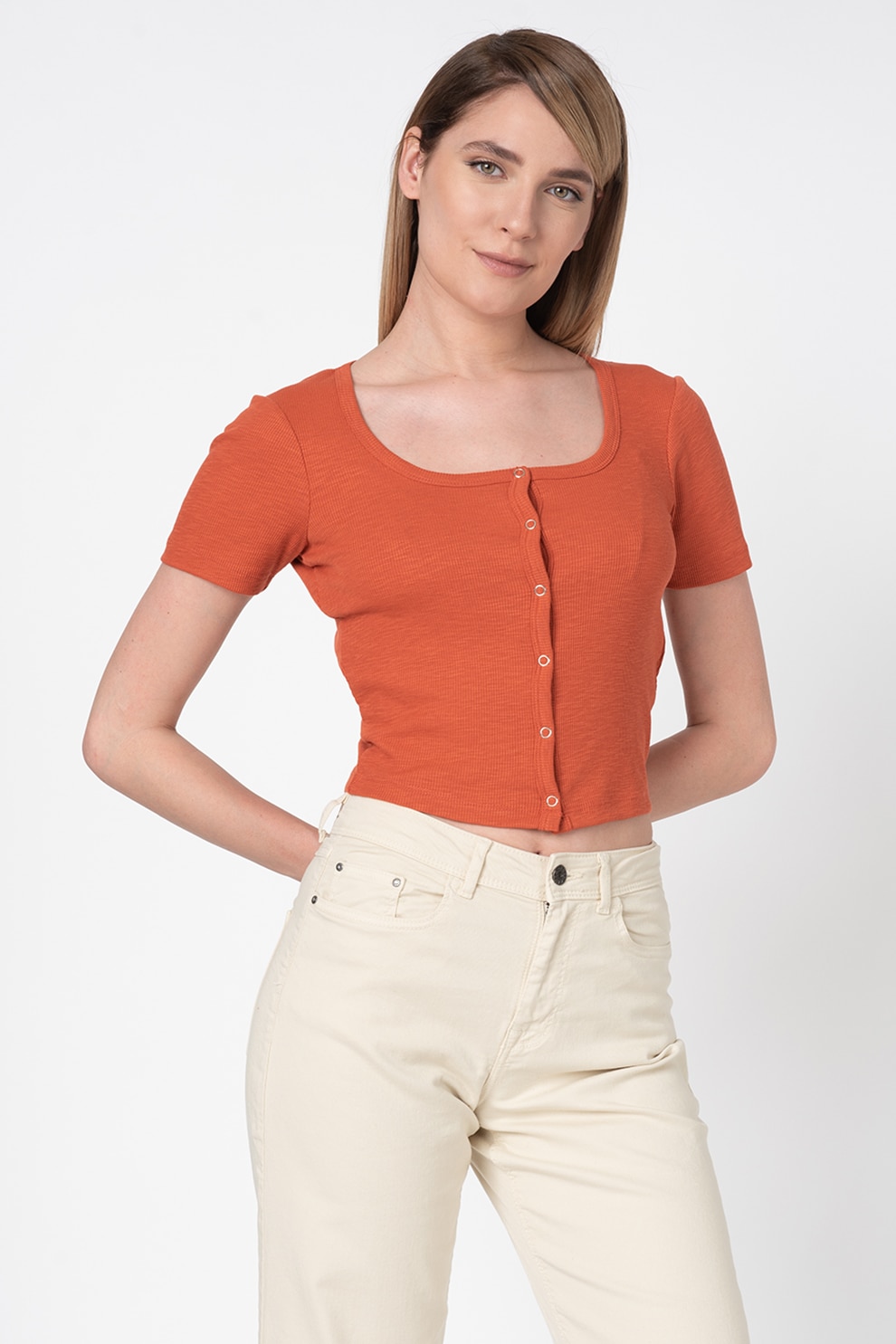 Only, Tricou cambrat din jerseu, cu nasturi Gigi, Rosu caramiziu