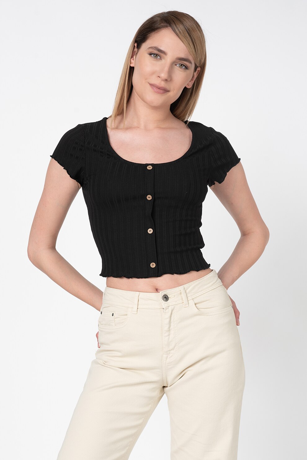 Only, Tricou striat cu nasturi Dabi, Negru, L