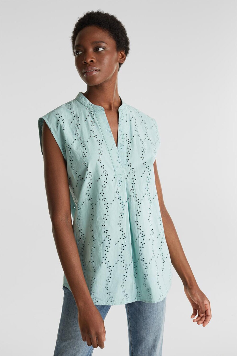 Esprit, Bluza cu maneci scurte si broderie, Turcoaz, XS