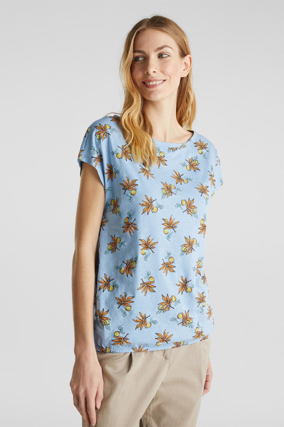 Esprit, Tricou din amestec de in, cu model floral, Albastru azur, XS