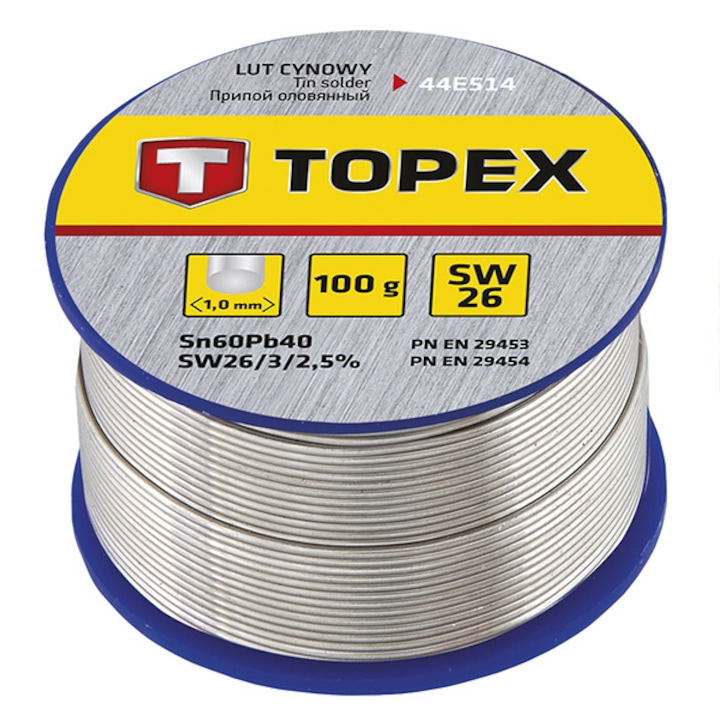Topex 44E514 SW26 Fludor Forrasztó ón, ón 60%, Ø 1 mm, 100 g