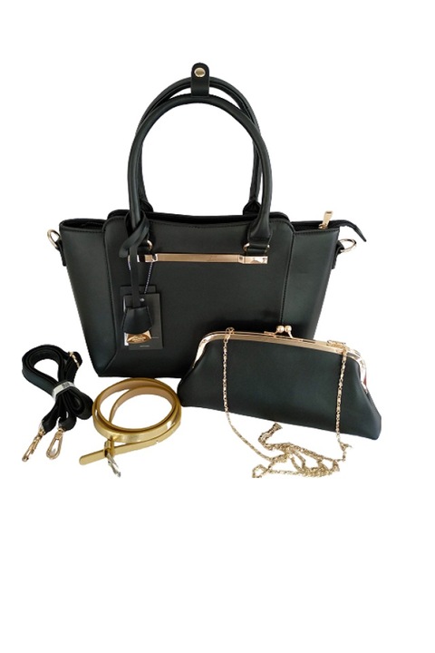 Irodai táska készlet, mini kézitáska és női öv, Fashion Gold, Ökológiai bőr, Matt fekete