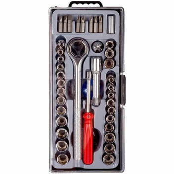 Set clichet si surubelnita cu 40 varfuri Felis, Metal, Argintiu/Rosu Set clichet si surubelnita cu 40 varfuri Felis, Metal, Argintiu/Rosu