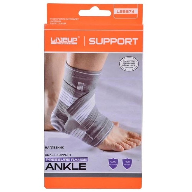 Orteza elastica pentru glezna LiveUp, Cauciuc/Poliester/Nailon, Inchidere velcro, Gri