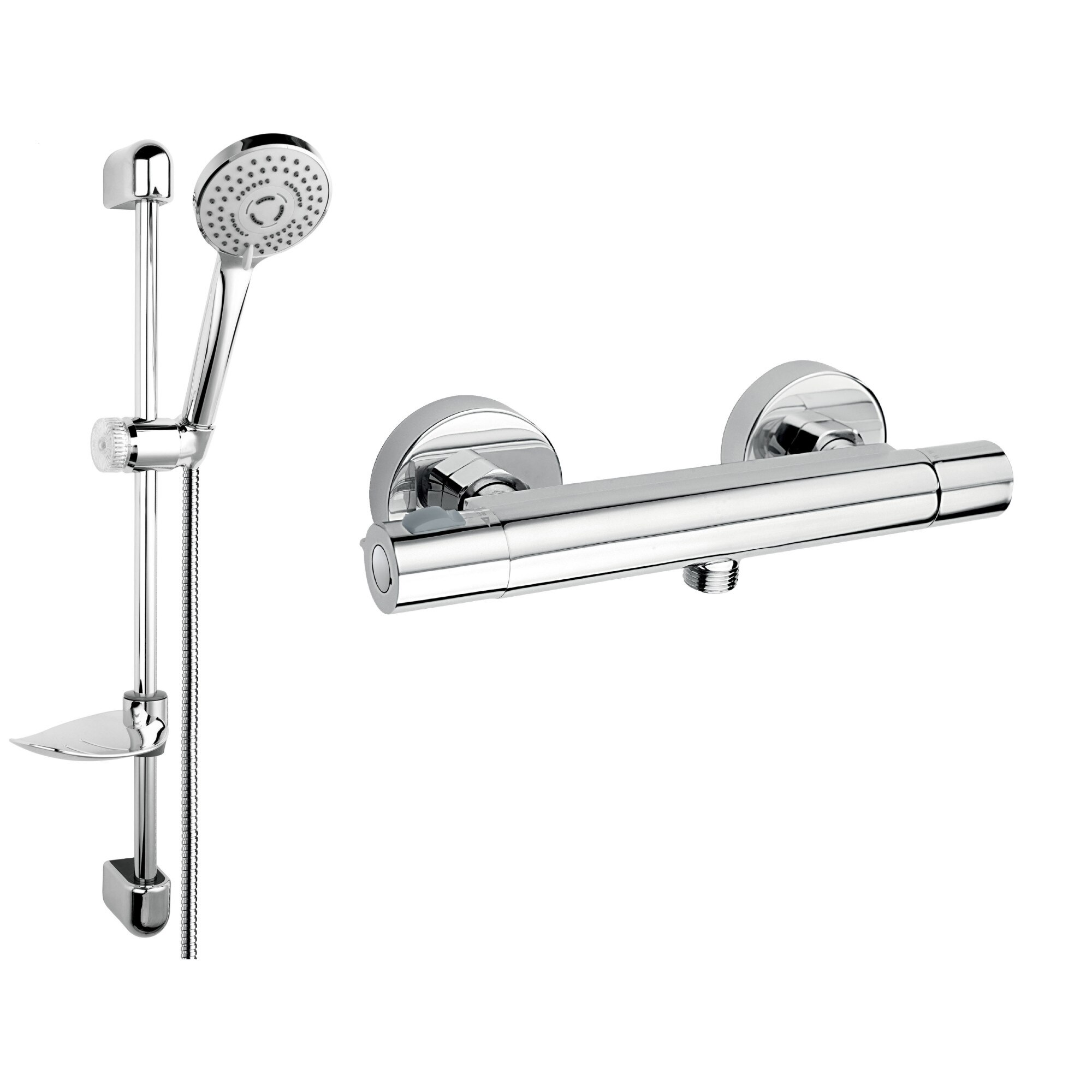 Set dus reglabil cu baterie termostatata Ferro, Trinity, Suport culisant, Para dus mobila cu trei functii , Suport sapun, Cromat