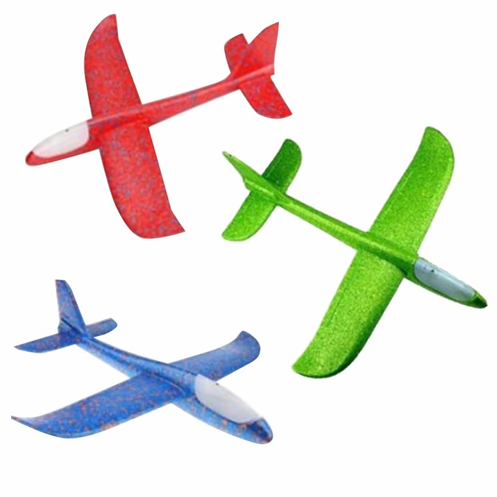 Set 3 bucati Avion planor cu iluminare LED incorporata, New Fly Systems, din material EPP polipropilen,Baterii incluse 50 cm , Picodino®