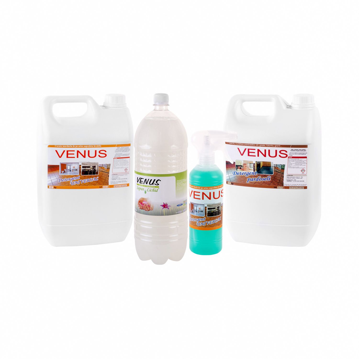 Pachet curatenie casa Chimtech 8. Detergent Universal Venus pentru orice suprafata lavabila 5,5Kg (5Kg rezerva +0.5Kg cu pulverizator) + detergent Venus pentru pardoseli 5Kg + Sapun lichid Venus alb 2.5Kg, CHIMTECH, 13Kg