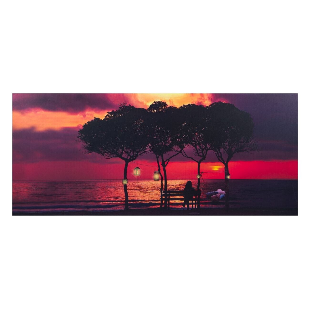 Tablou canvas, iluminare, 5 LED-uri, panza, Apus pe mare, 70x30cm