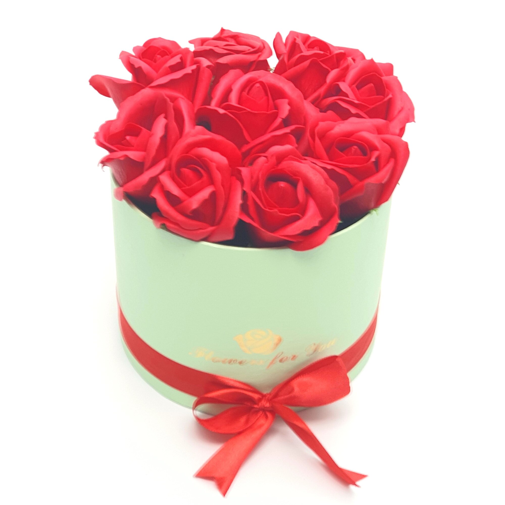 Aranjament floral 9 Trandafiri rosii parfumati, din spuma de sapun, in cutie verde