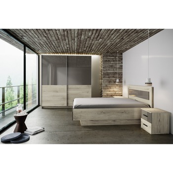 Dormitor Irim Maraton, Pat 160x200 cm, Dulap usi glisante, 2 noptiere, Gri Cobalt, Sonoma Arven Dormitor Irim Maraton, Pat 160x200 cm, Dulap usi glisante, 2 noptiere, Gri Cobalt, Sonoma Arven