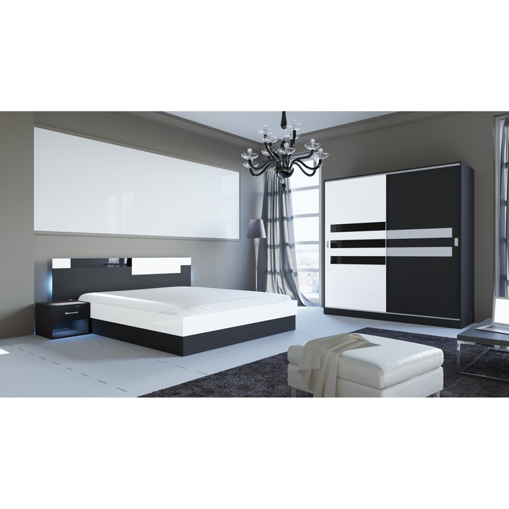 Спалня Irim Klara, Легло 160x200 см, Гардероб с плъзгащи се врати 180x59,5x191 см, 2 нощни шкафчета, Бял/Черен