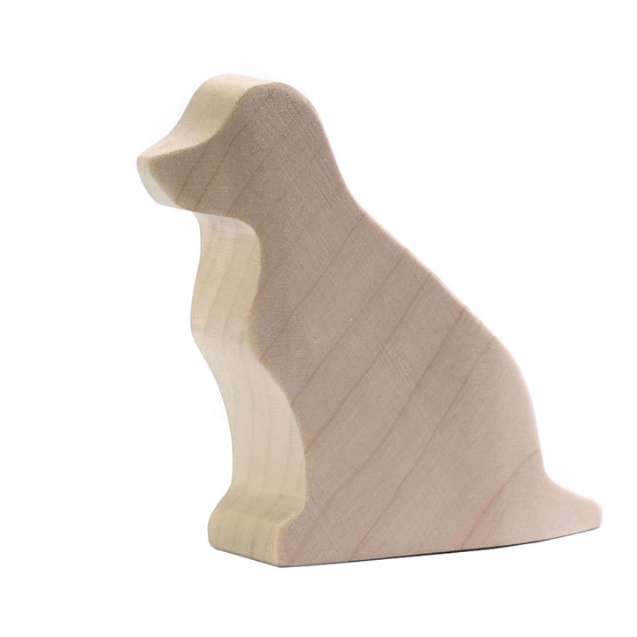 Figurina BumbuToys Caine sezand din lemn, culoare natur, pentru pictat, 8.5 cm