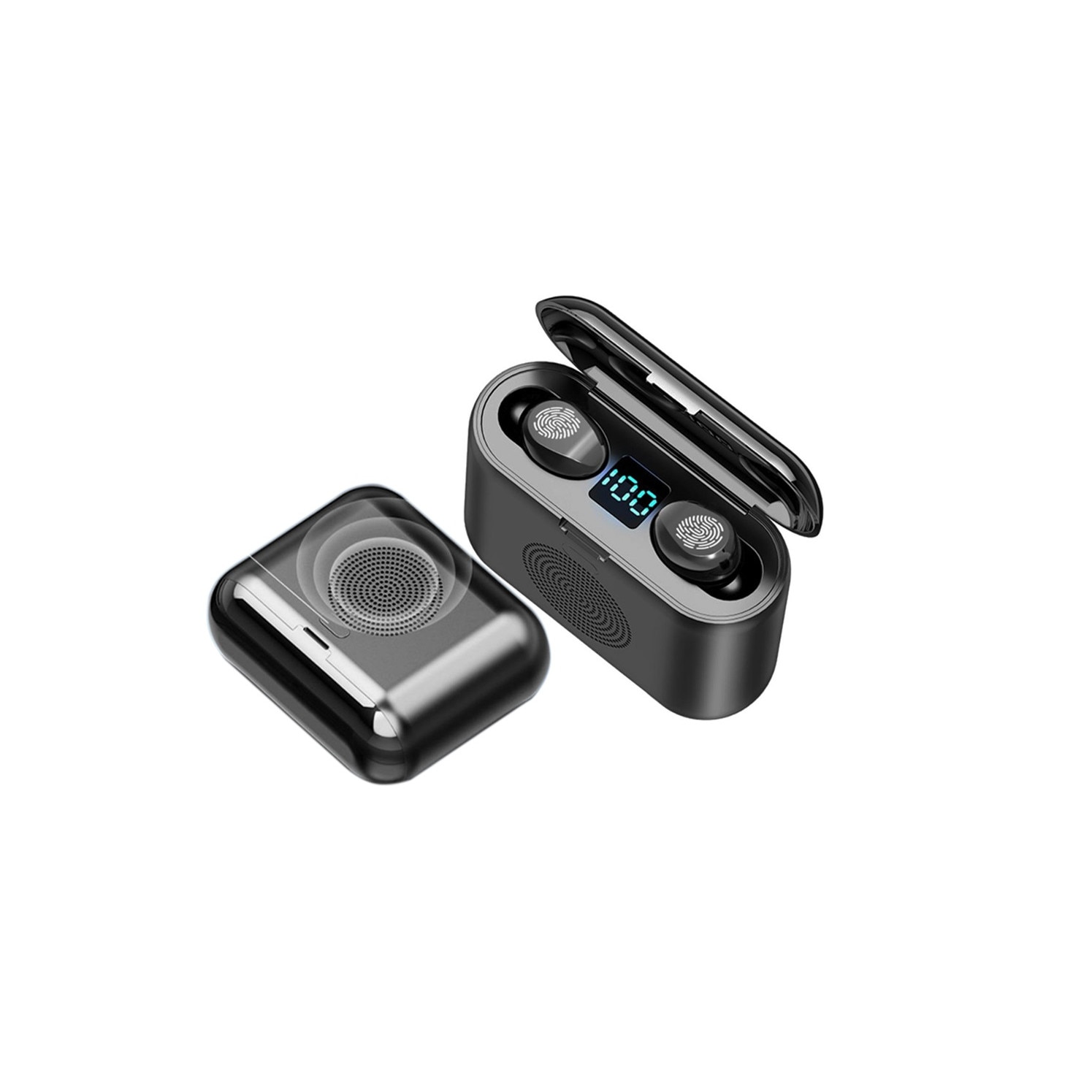 Boxa portabila F9 PLUS, brand Pyramid, 3 in 1, casti bluetooth incluse, ecran LED, cutie de incarcare portabila, bluetooth V5.0, sunet 9D, culoare negru, sunet stereo HIFI, impermeabile