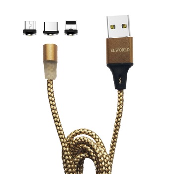 Cablu de incarcare magnetic Elworld, 3 in 1 USB-C, Micro-USB, Lightning, conectori metalici din aluminiu, invelis protector din nailon, 5V, 2A, 120 cm, Led, Auriu Cablu de incarcare magnetic Elworld, 3 in 1 USB-C, Micro-USB, Lightning, conectori metalici din aluminiu, invelis protector din nailon, 5V, 2A, 120 cm, Led, Auriu